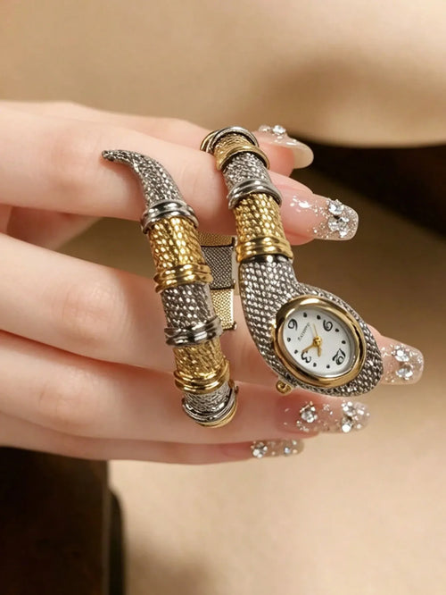 Shein - Soki 1pc Women's Snake-shaped Quartz Watch, Unique Water Drop Cut Dial With Minimalist Numeric Scale