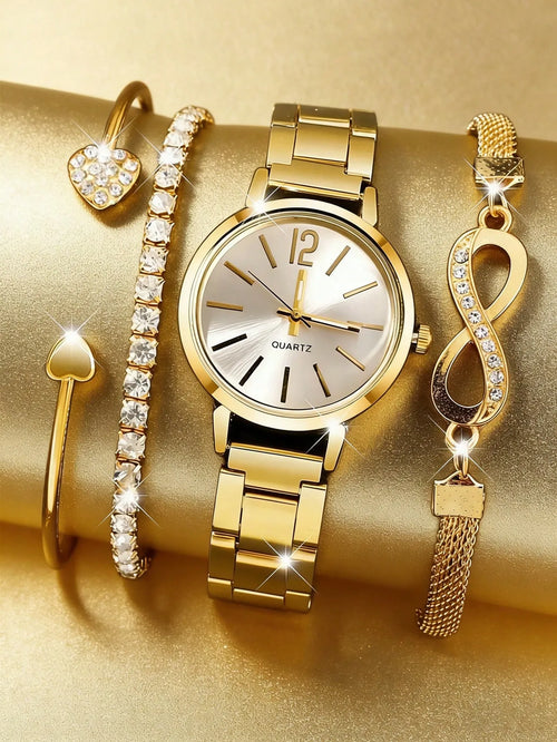 Shein - 4-piece Women's Rose Gold Stainless Steel Watch Set Features A Stylish And Casual Design