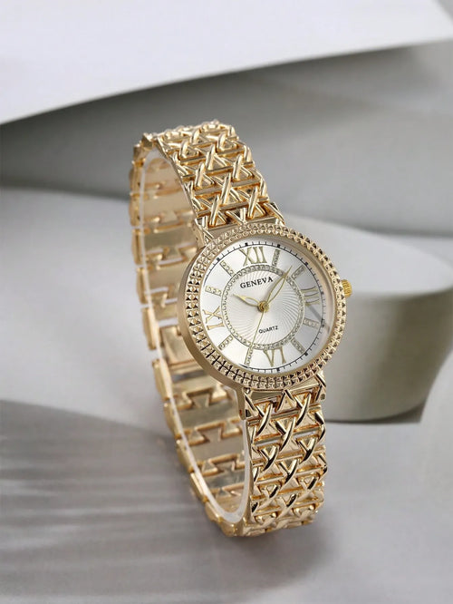 Shein - Women's Watch, Elegant And Fashionable, Rhinestone-studded Dial With Round Case