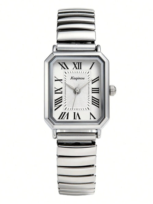 Shein - 1pc Women's Elegant Retro Quartz Watch With Roman Numeral Markers, Quality Alloy Case - Silver