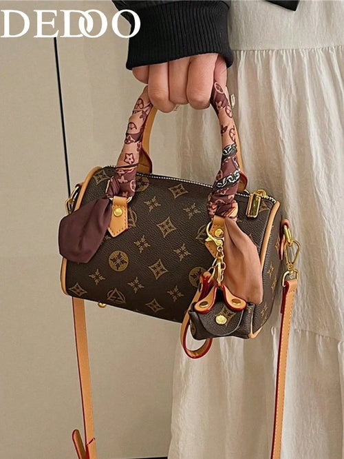 Shein - Dedoo New Solid Color & Geometric Print Pu Leather Retro Fashion Versatile Women Handbag (scarf Color & Style Sent Randomly)