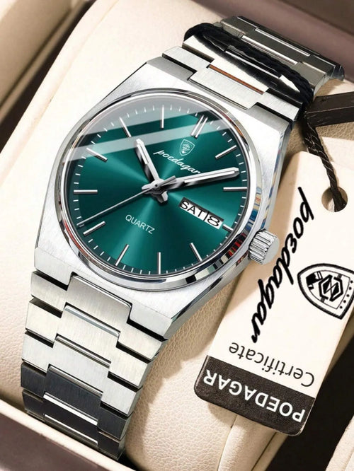 Shein - 1pc Elegant Women's Stainless Steel Date & Day Waterproof Luminous Quartz Watch