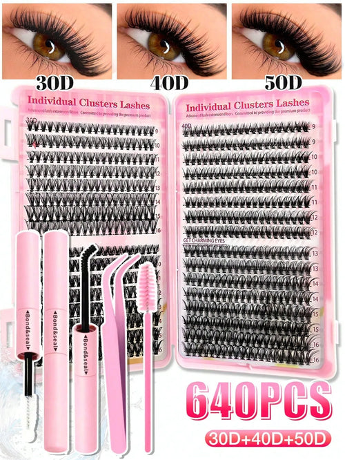 Shein - 640pcs Individual Lash Clusters High Capacity D Curl 9-16mm 30d-50d Mixed Diy Eyelash Extension Kit