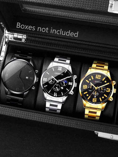 Shein - 3pcs Men's Casual Luxury Business Quartz Watch Set - Fashionable Round Dial