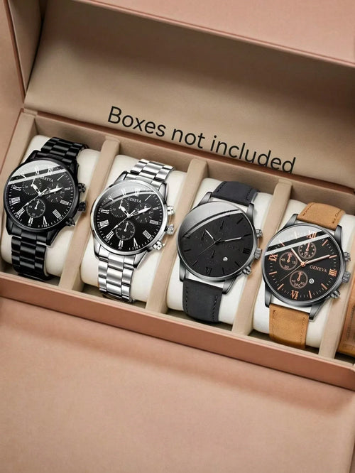 Shein - 4pcs Men's Fashion Casual Business Mixed Scale With Calendar Function Circular Dial Quartz Watch