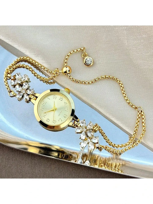 Shein - 1pc Elegant Lady's Quartz Watch With Colorful Petals Diamond Decorated Adjustable Strap & Clear Arabic Scale Dial