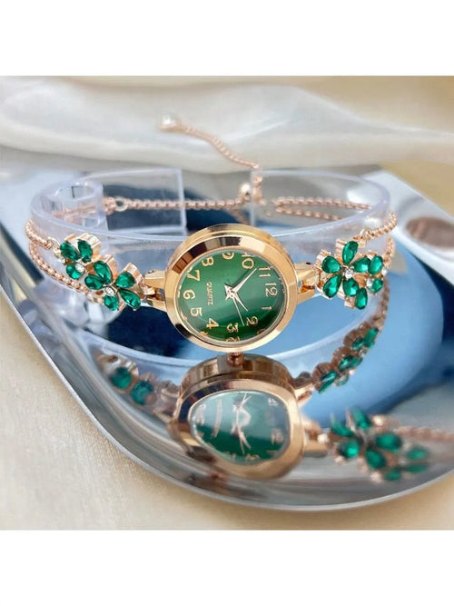 Shein - 1pc Women's Elegant Quartz Watch With Colorful Petals Inlaid Crystals, Pull-out Chain, Arabic Numeral Dial