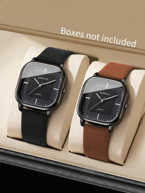 Shein - 2pcs/set Men's Gift Watch & Belt, Fashion Minimalist Square Dial Quartz Wrist Watch