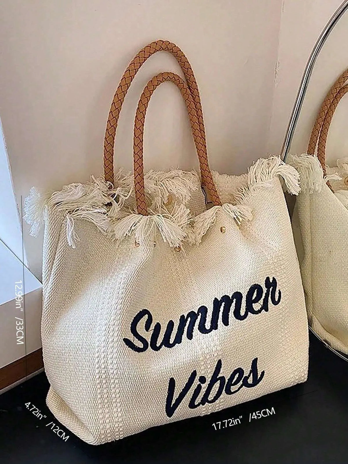 Shein - Fashionable Large Capacity Letter & Tassel Canvas Tote Bag