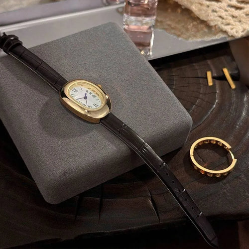 Shein - 1pc Women's Pu Leather Strap, Alloy Case With Roman Numeral Dial, Classic Retro Quartz Watch