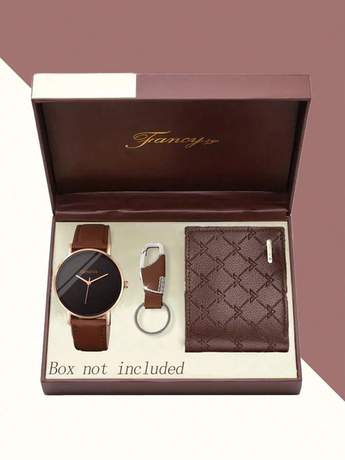 Shein - 3pcs/set Men's Fashion Casual Round Pointer Pu Leather Quartz Watch