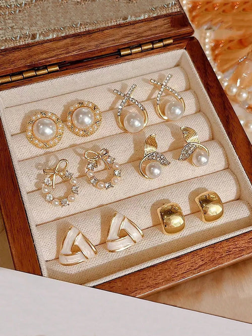 Shein - 6 Pairs Minimalist Petite Geometric, Faux Pearl, Criss-cross, Rhinestone, Bow Shape Stud Earrings Set