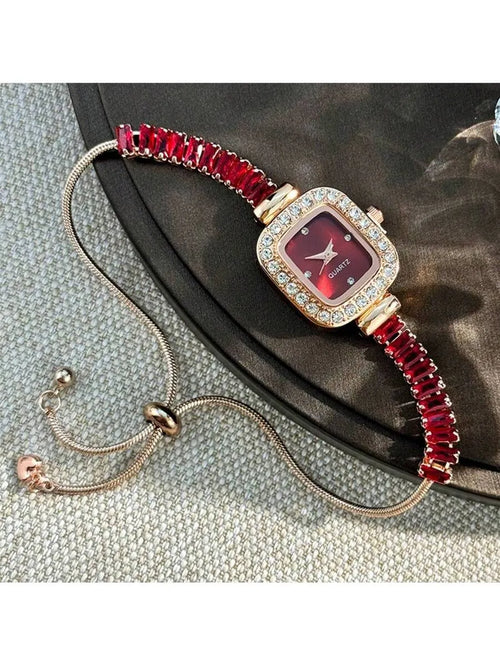 Shein - 1pc Women's Red Crystal Embellished Flexible Bracelet Watch, Square Alloy Case