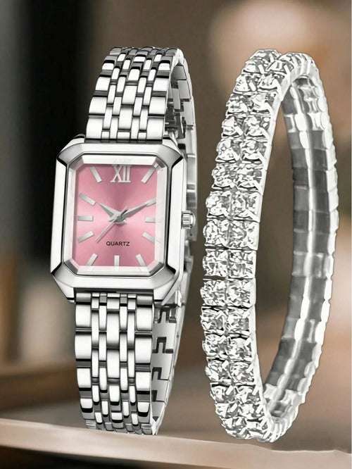Shein - 2-pcsset Minimalist Square Dial Unique Design Pink Roman Numeral Scale Elegant Women's Quartz Watch
