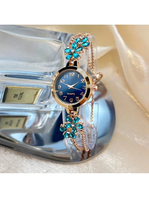 Shein - 1pc Ladies' Blue Color Flower Petal Inlaid Rhinestone Pull-out Chain Quartz Watch With Arabic Numerals And Elegant Dial