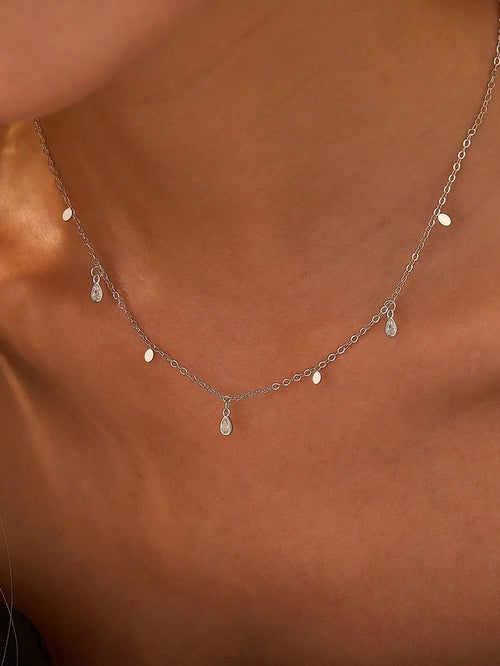 Shein - Nooxian Cubic Zirconia Water-drop Charm Necklace - Silver