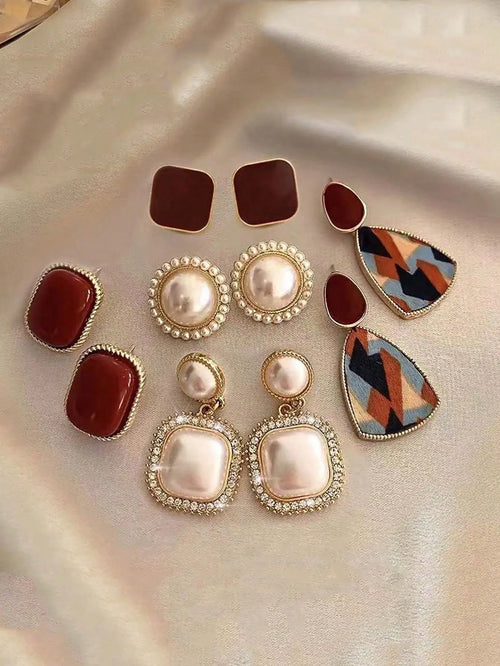Shein - 5pcs/set Minimalist Vintage Geometric Rhinestone Earrings Set