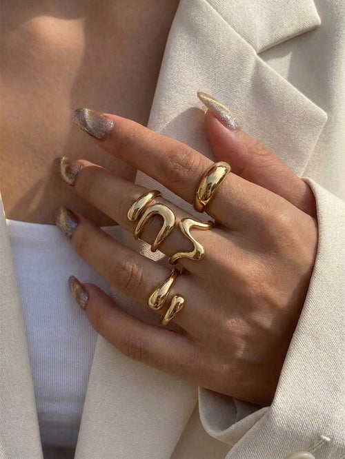 Shein - 4pcs Vintage Asymmetrical Liquid Drop Open Ring Set