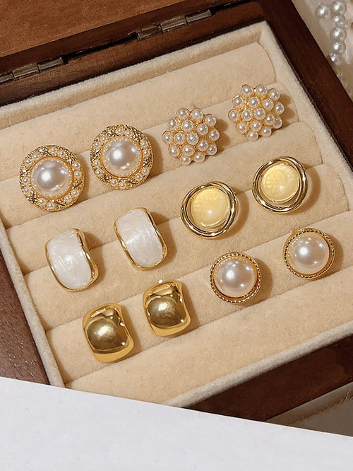 Shein - 6pcs Set Retro Smooth Surface Hong Kong Style Round Pearl Charm Cat Eye Earrings And Stud Earrings