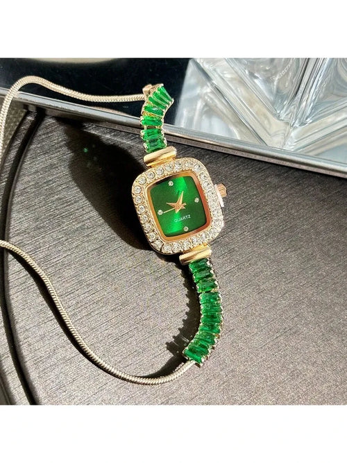 Shein - 1pc Women's Green Zirconia Crystal Inlaid, Adjustable Bracelet Watch, Alloy Case, Diamond Marked Dial