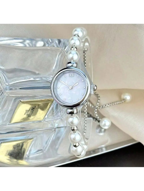 Shein - 1pc Women Retractable Pearl Decor Chain Round Case Fashion Alloy Bracelet Watch - Silver