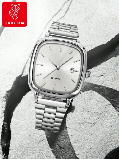 Shein - Luckyfox 1-piece Battery-operated Vintage Steel Band Minimalist Square Watch With Calendar