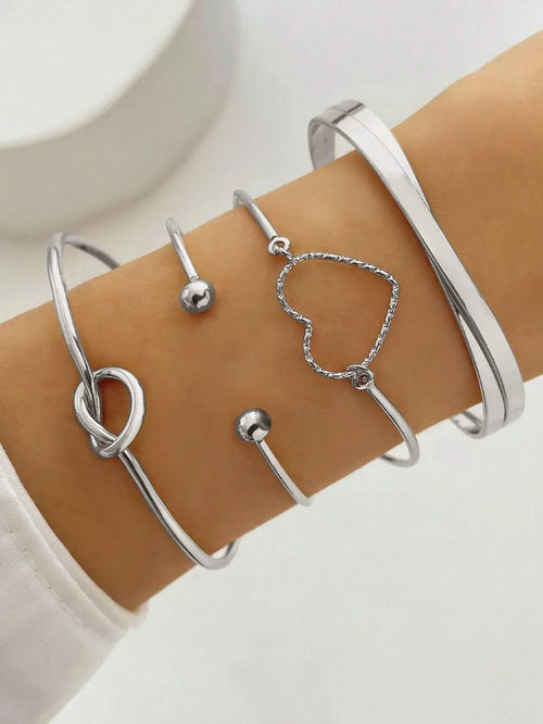 Shein - 4pcs Intellectual Metal Heart Buckle Cuff Bangle Set, Casual Valentines