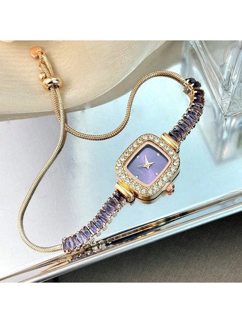 Shein - 1pc Women's Purple Zirconia Inlay Smooth Pull Ring Bracelet Watch With Diamond Decorated Alloy Case