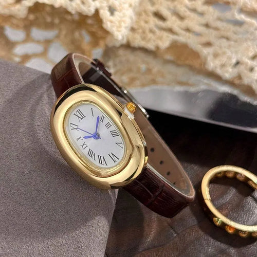Shein - 1pc Women's Pu Leather Strap, Bathtub Shaped Alloy Case, Roman Numeral Dial, Classic Retro Quartz Watch