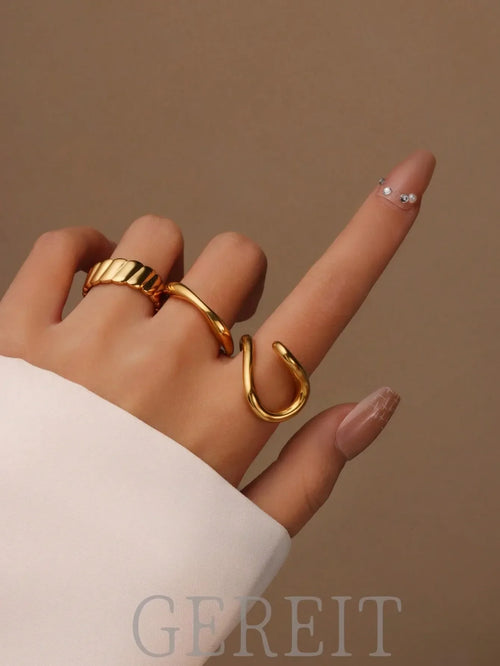 Shein - 3pcs 18k Stainless Steel Hollow Line Design Open Ring Set, Suitable For Women