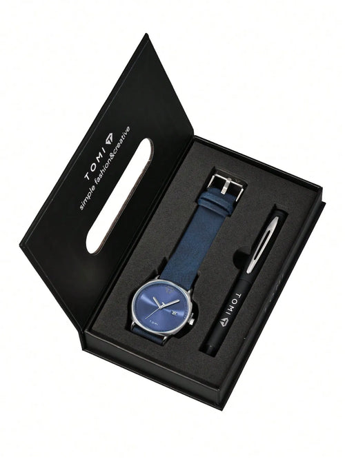 Shein - Tomi Men's Quartz Watch With Pen Set, Minimalist Business Style Calendar Watch