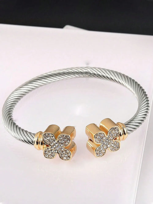 Shein - European And Americana Style Stainless Steel Cable Opening Bracelet With Natural Stone Twisted Cord Adjustable C-shaped Titanium Steel Bangle
