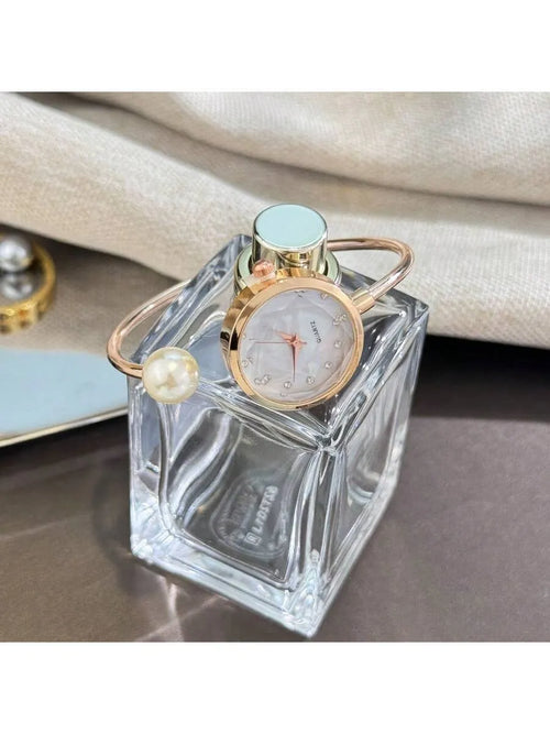 Shein - 1pc Women's Delicate Bracelet Watch With Large Pearl, Diamond-cut Glass Crystal Dial, Minimalist Quartz Watch Bracelet