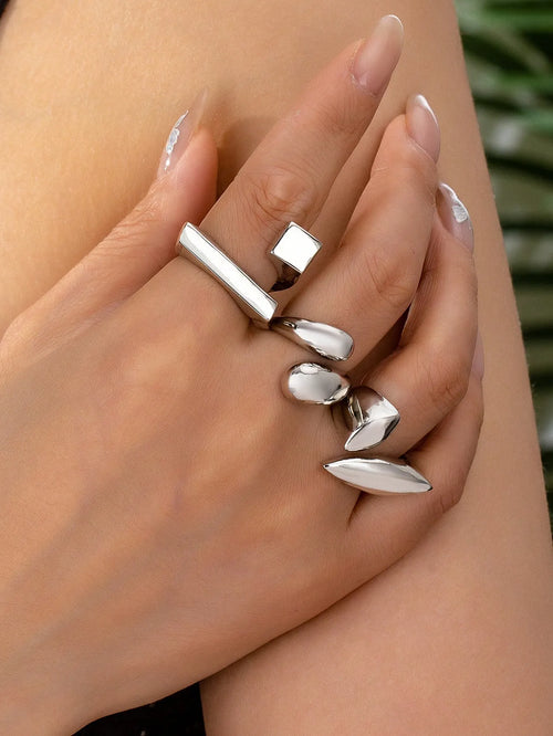 Shein - 3pcs Geometric Hollow Gold-tone Rings, Minimalist Rings Set
