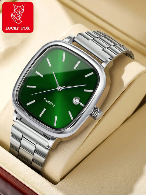 Shein - 1pc Luckyfox Quartz Watch, Minimalist Vintage Steel Strap Small Square Green Dial Calendar