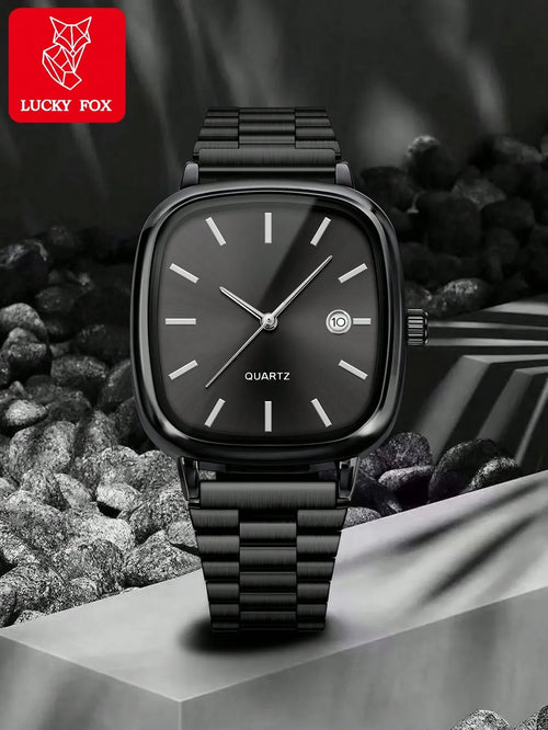 Shein - 1pc Luckyfox Minimalist Retro Steel Band Square Dial Calendar Watch