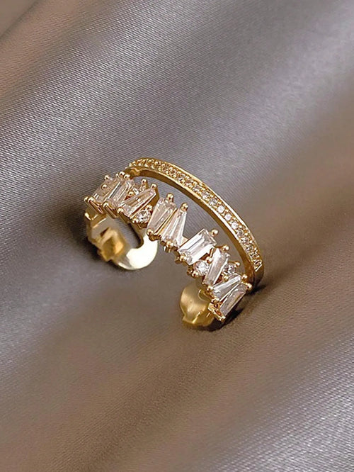 Shein - 1pc Dainty Double Layered Asymmetrical Opening Ring Inlaid With Cubic Zirconia