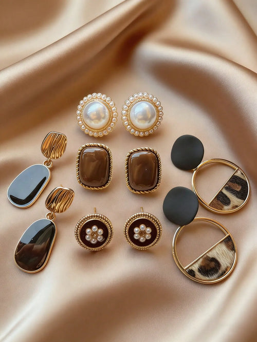 Shein - 5pcs/set Vintage Hong Kong Style Niche Design Heart-shaped Faux Pearl Geometric Minimalist Elegant Elegant Fashion Versatile Stud Earrings Set, Suitable For Women's Daily And Festival Wear