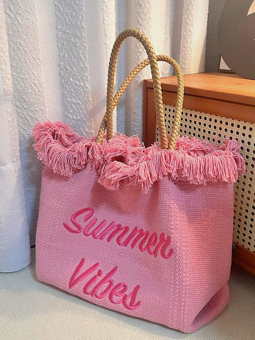 Shein - Fashionable Large Capacity Letter & Tassel Canvas Tote Bag