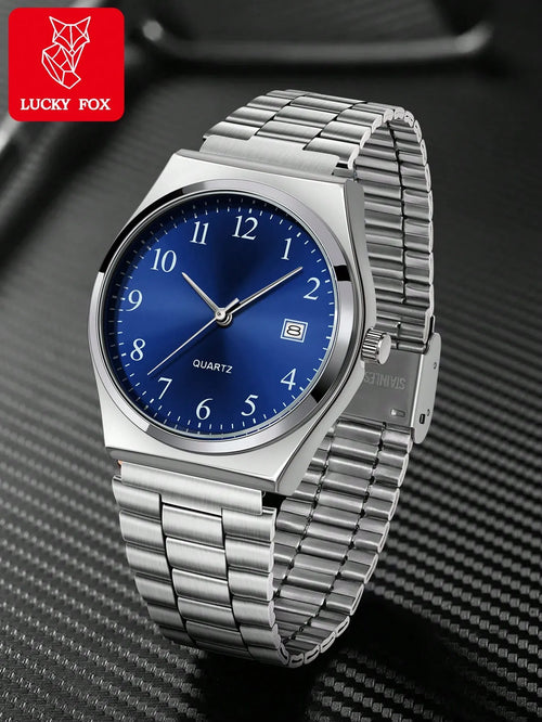 Shein - 1pc Luckyfox Quartz Watch, Minimalist Vintage Steel Strap Square Dial Calendar, Suitable For Men & Women