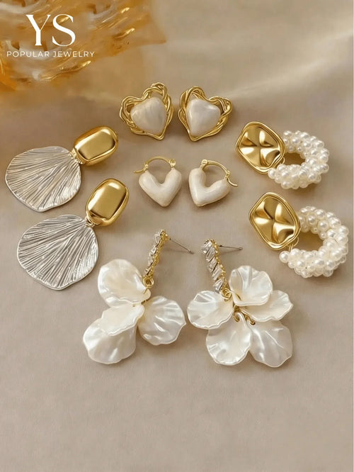 Shein - 10pcs/5 Pairs Rhinestone Flower Petal Faux Pearl Teardrop Heart Stud Earrings