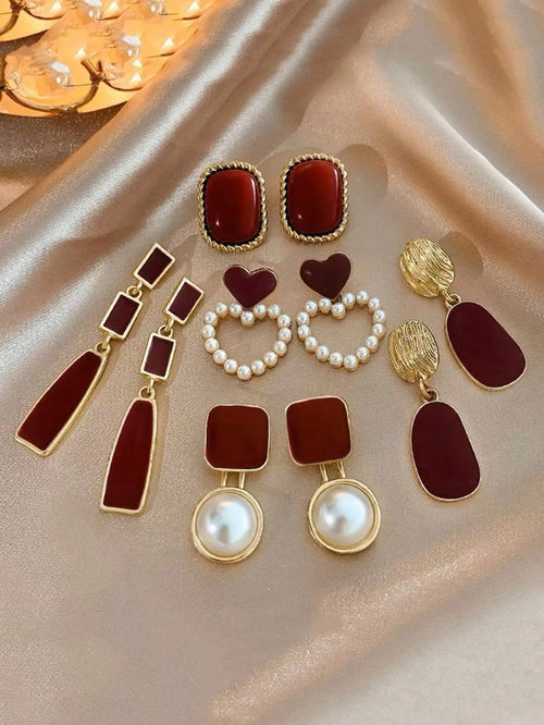 Shein - 5pcs/set Retro Square & Heart Shape Dripping Oil Pearl Earrings, Elegant Geometric Earrings, Fashion High-end Earring Set