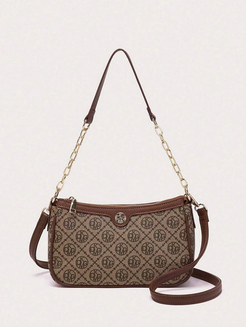 Shein - Dk Dkmg 1pc Faux Leather Letter Print Chain Strap Shoulder Bag