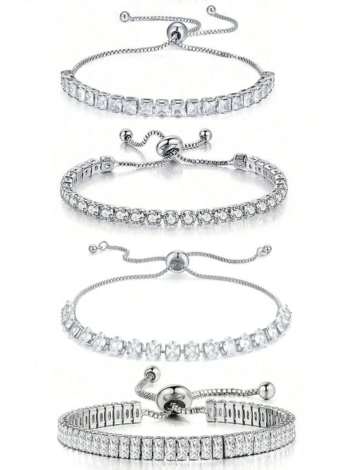 Shein - 4pcs Adjustable Geometric Cubic Zirconia Tennis Bracelet