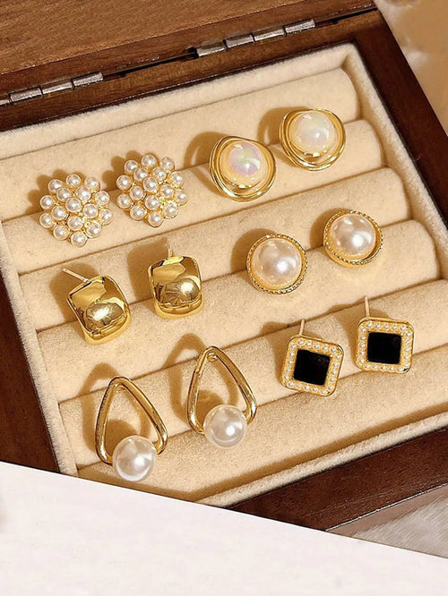 Shein - 6pcs/set Minimalist Small Vintage Faux Pearl Flower Cluster Square & Round Geometric Earring Set