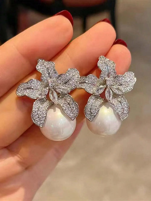 Shein - 1pair Women Elegant Floral Design Rhinestone Stud Earrings, All Seasons European & American Style Faux Pearl Earrings Suitable For Street Shooting, Parties And Work