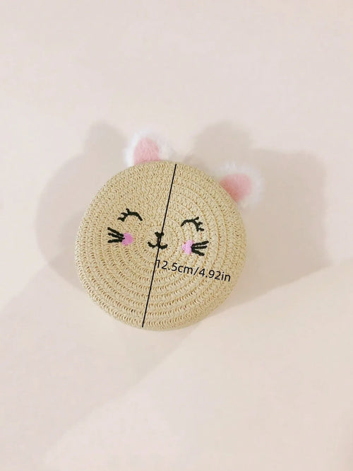 Shein - 1pc Girls' Lovely Round Cat Shaped Woven Grass Crossbody Bag