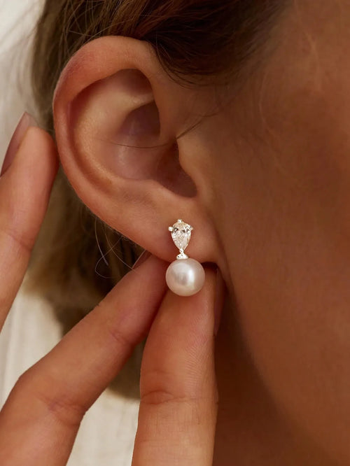 Shein - 14k Gold Plated Cz Pearl Bridal Earrings, Low Allergy Gold Plated Earrings