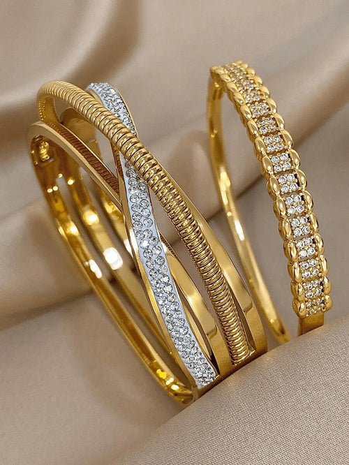 Shein - 18k Gold Plated Stainless Steel Luxury Vintage Zirconia Bangle Bracelets