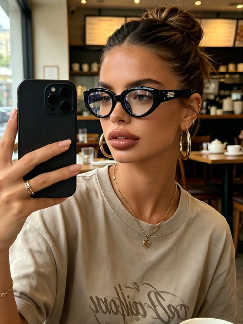 Shein - 1pc Retro Small Black Frame Elliptical Cat Eye Non-prescription Glasses